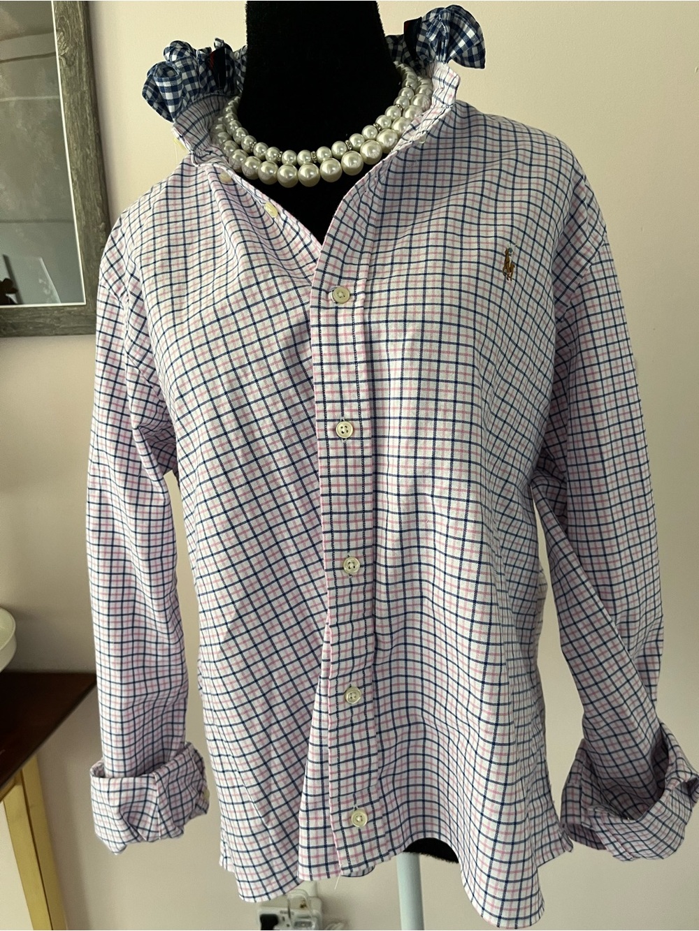 Redesigned Ralph Lauren Men’s Pink & Blue Plaid Button-Down Shirt Ruffle Collar - Picture 2 of 7